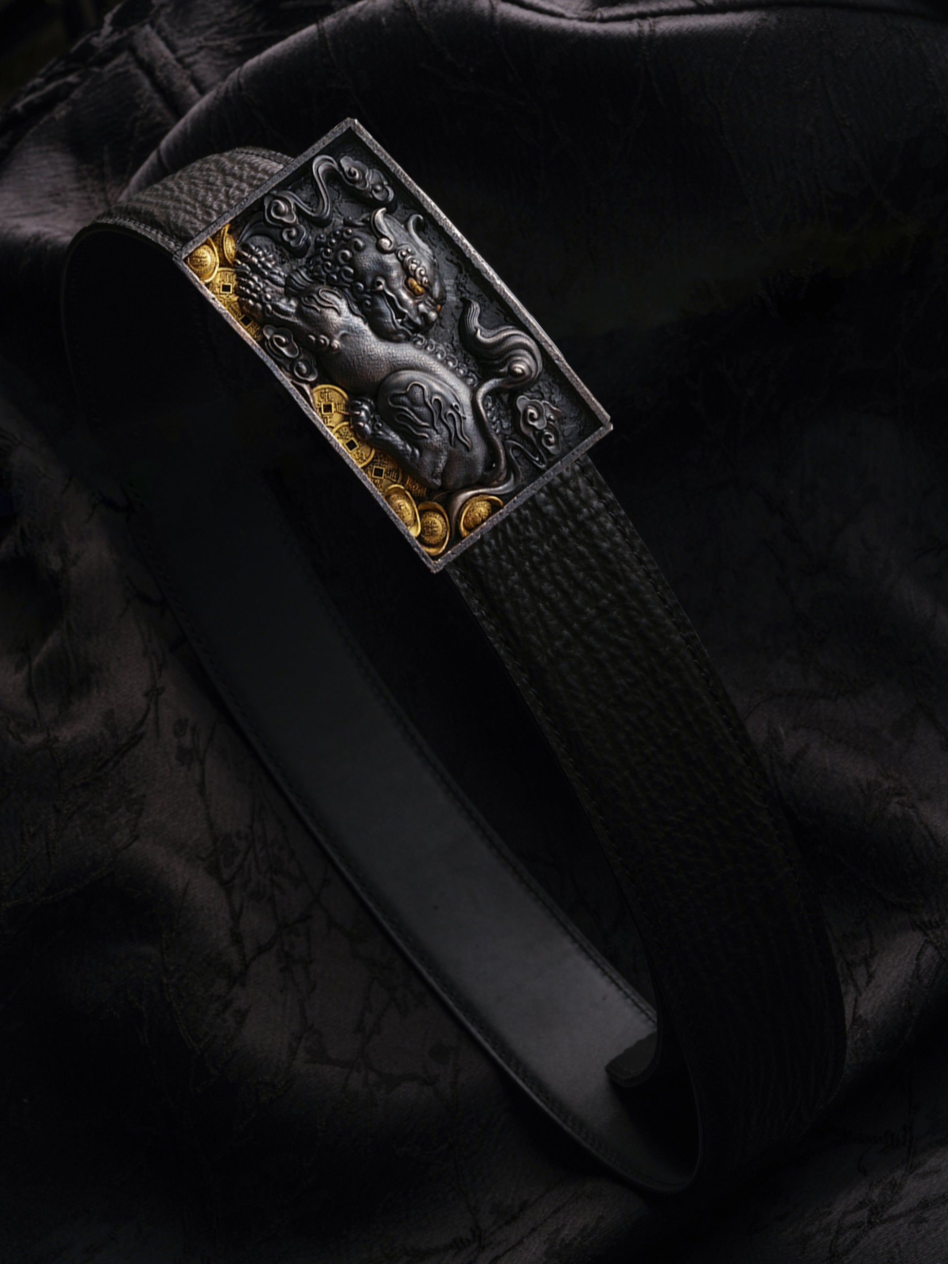 Diting Guardian Beast Gold-Accent Silver Biker Belt — detail view 1