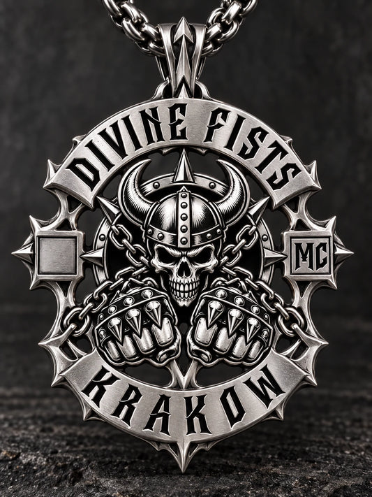 Divine Fists custom stainless steel motorcycle club member pendant with armored relief and personalization area.