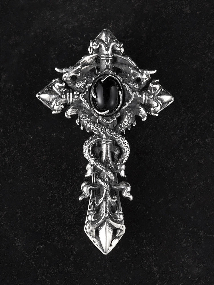 double dragon black onyx sterling silver cross pendant product view 1
