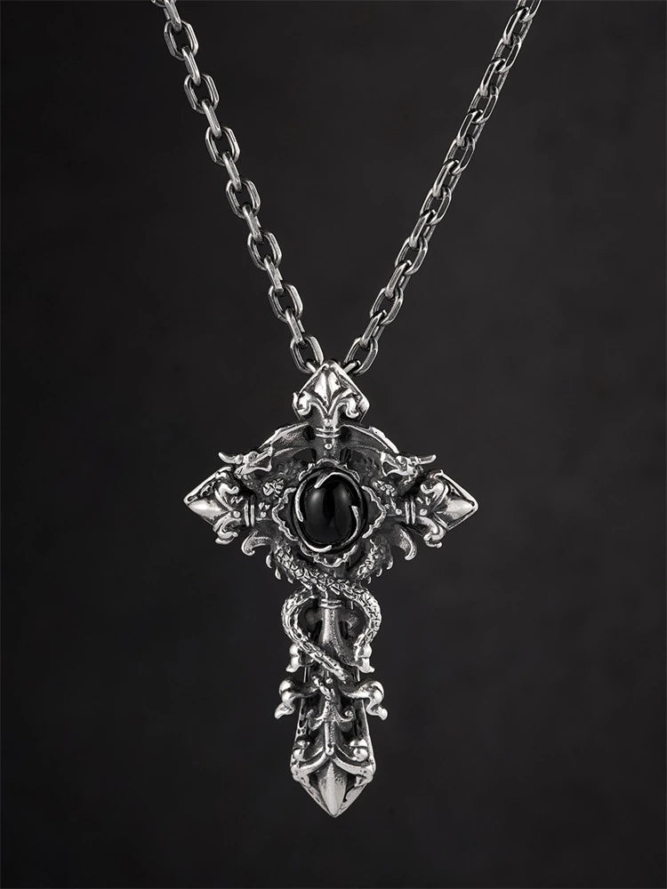 double dragon black onyx sterling silver cross pendant product view 3