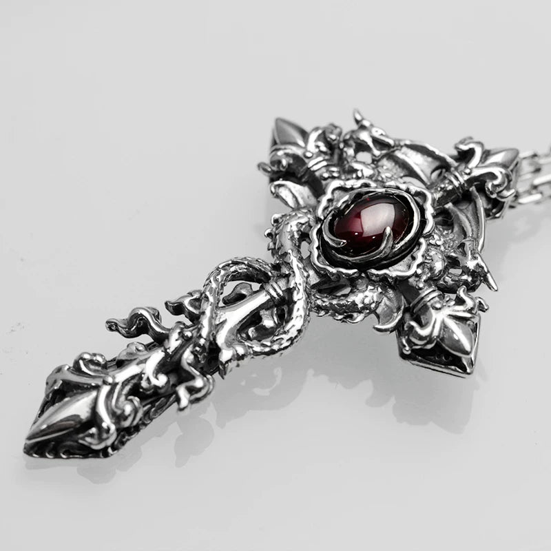Double dragon cross red stone sterling silver pendant detail