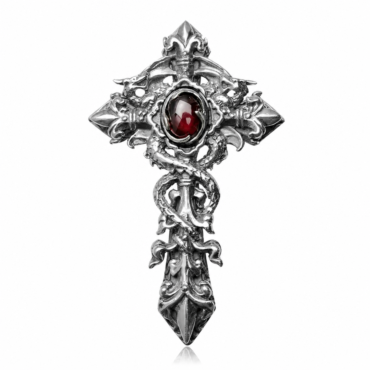 Double dragon cross red stone sterling silver biker pendant front