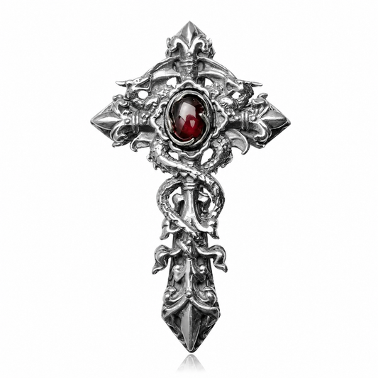 Double dragon cross red stone sterling silver biker pendant front