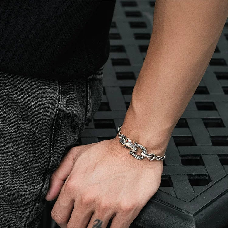 Double Horse Head Sterling Silver Zodiac Bracelet – wrist and design view 1