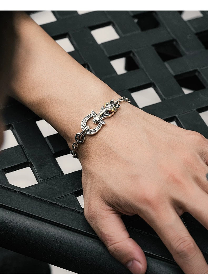 Double Horse Head Sterling Silver Zodiac Bracelet – wrist and design view 2
