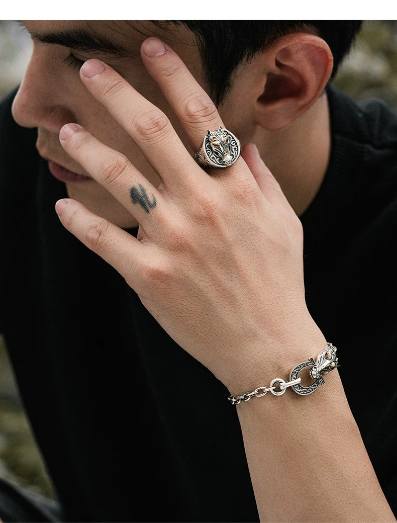 Double Horse Head Sterling Silver Zodiac Bracelet – wrist and design view 3