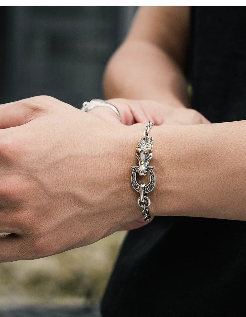 Double Horse Head Sterling Silver Zodiac Bracelet – wrist and design view 4
