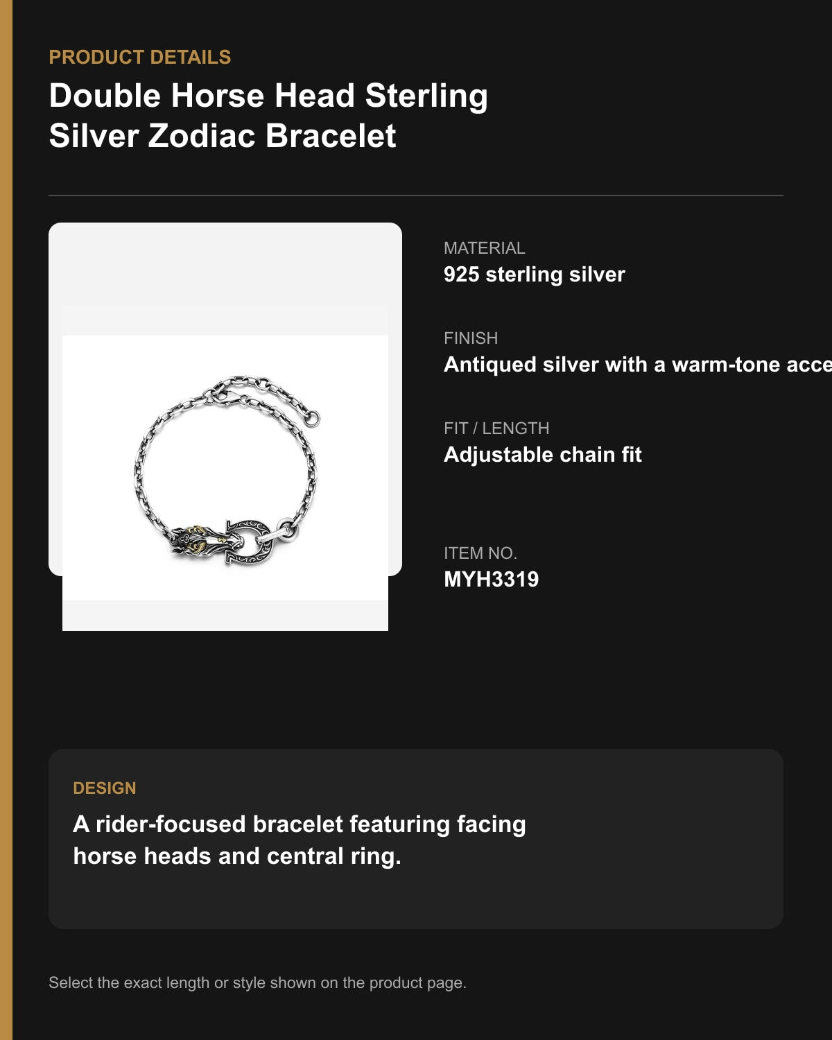 Double Horse Head Sterling Silver Zodiac Bracelet – English product details