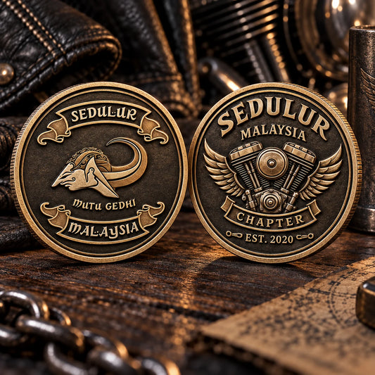 Double-sided motorcycle club challenge coin showing both finished faces.