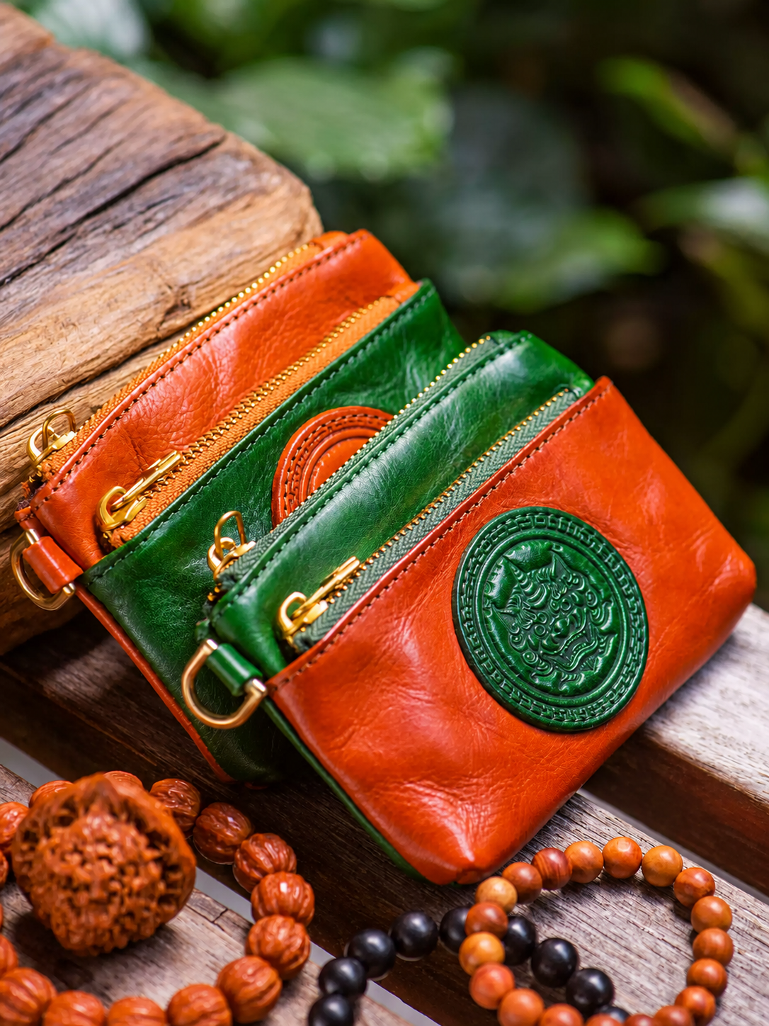 orange and jade green double zip top-grain leather biker coin wallets