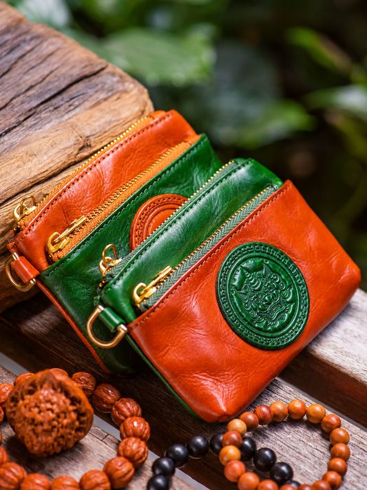 orange and jade green double zip top-grain leather biker coin wallets