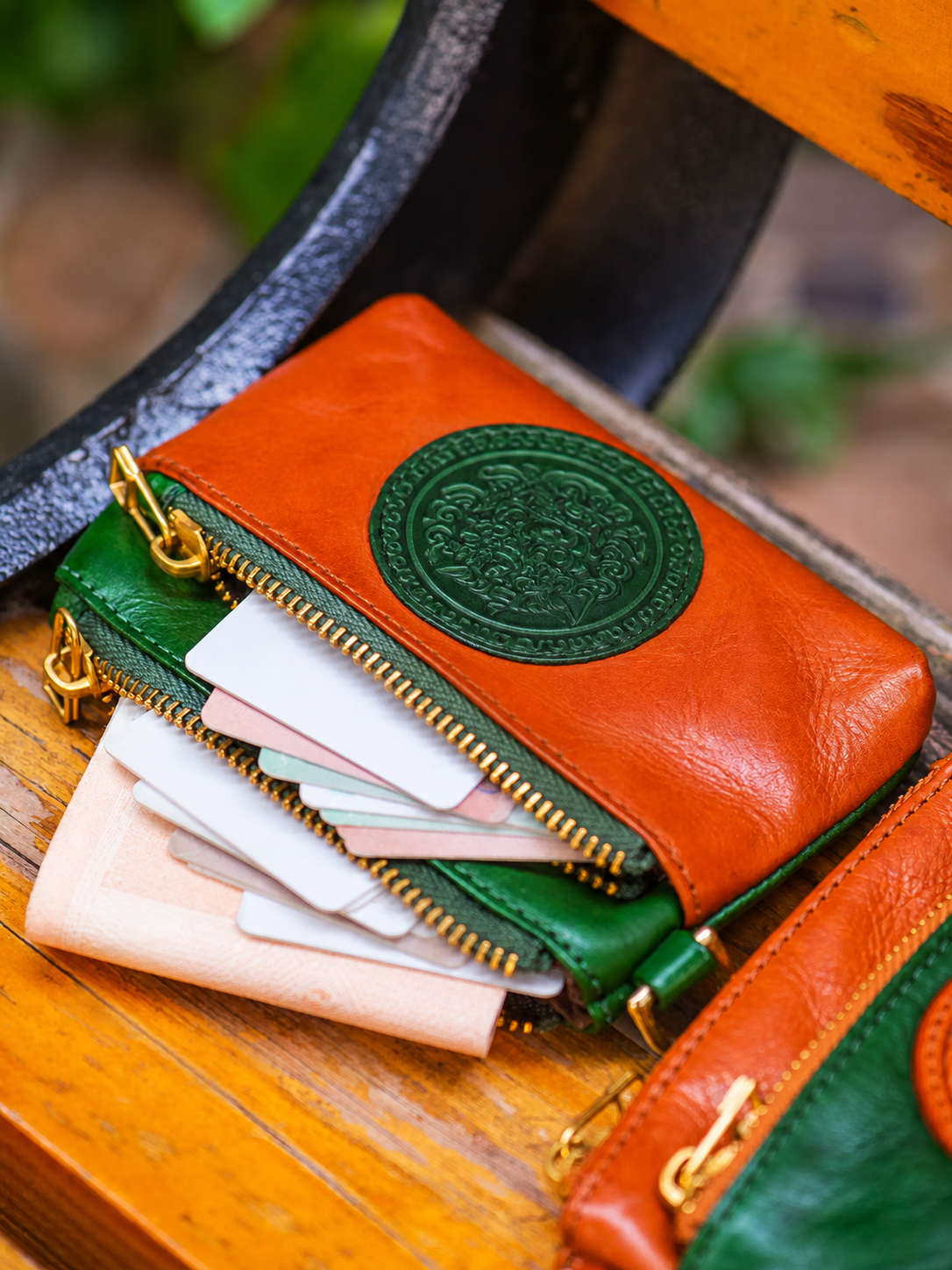 double zip leather biker coin wallet with cards and cash compartments