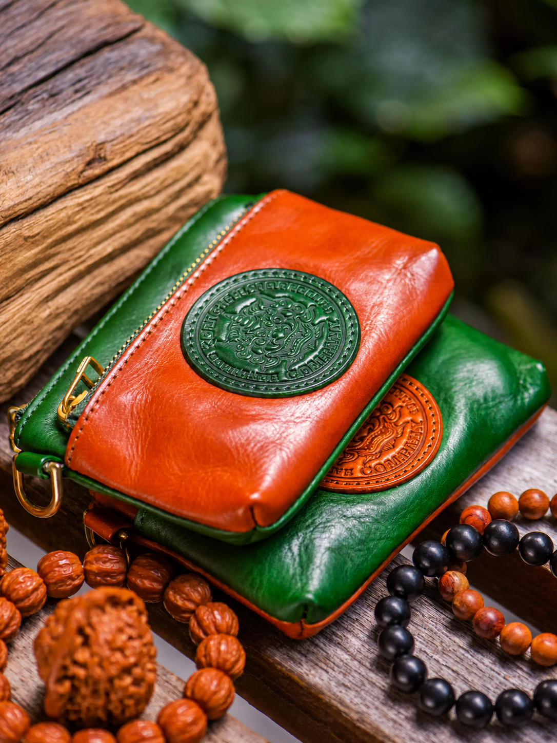 orange and jade green double zip leather biker coin wallets product view