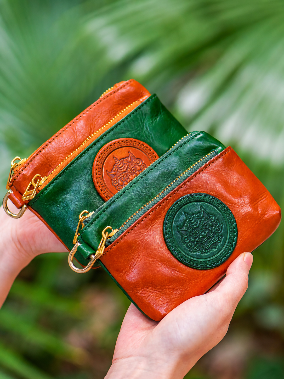 two color options for compact double zip leather biker coin wallet