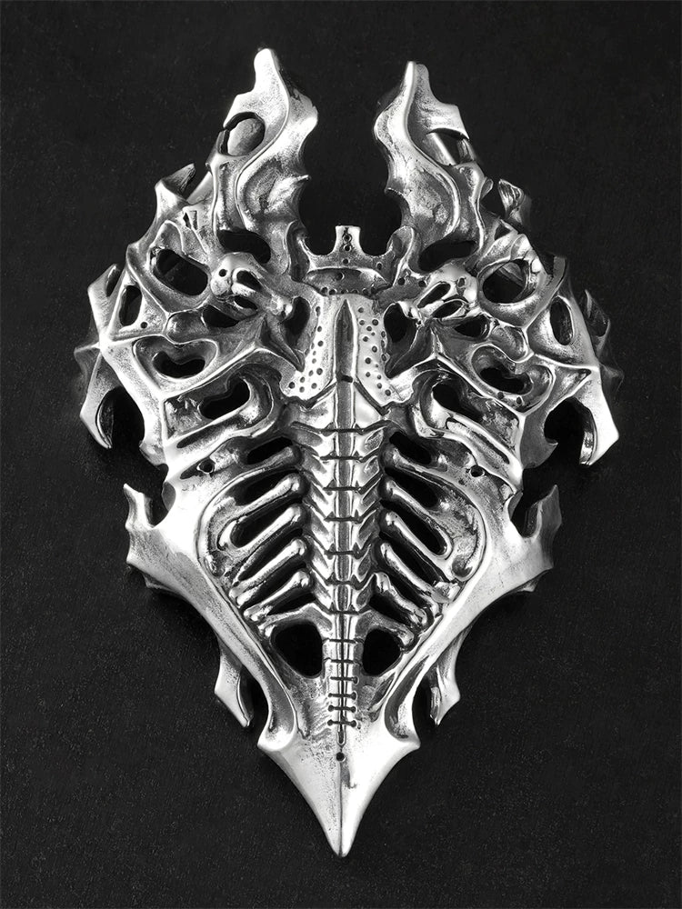 Front view of dragon bone shield sterling silver biker pendant