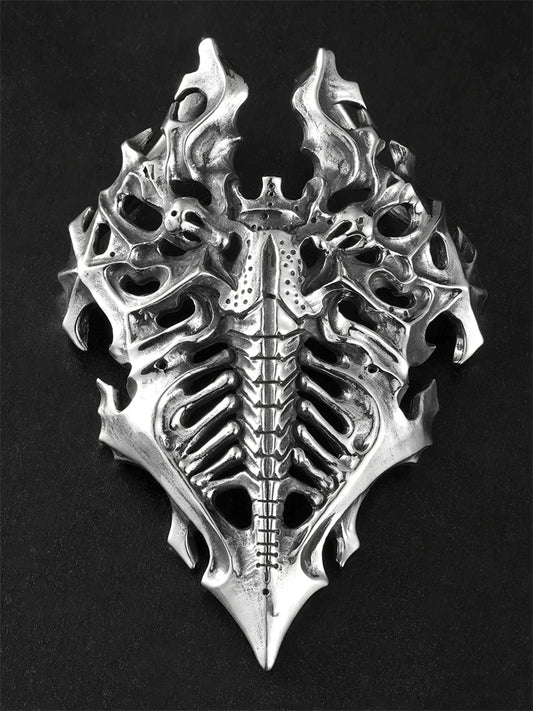 Front view of dragon bone shield sterling silver biker pendant