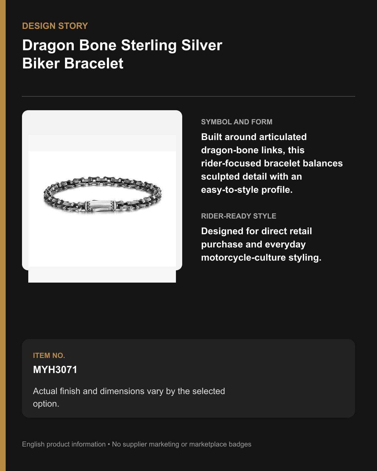 Dragon Bone Sterling Silver Biker Bracelet – English design story