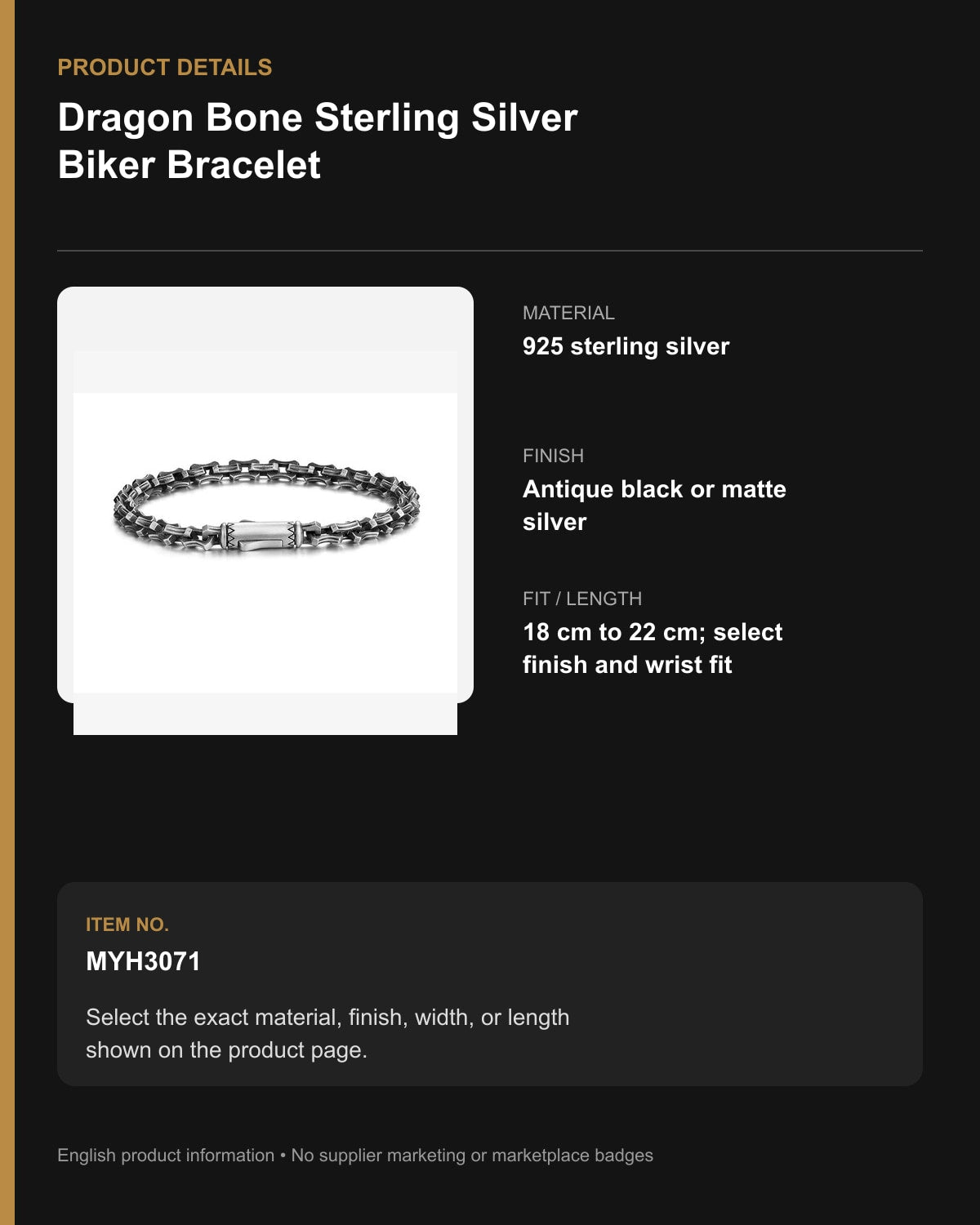 Dragon Bone Sterling Silver Biker Bracelet – English product details