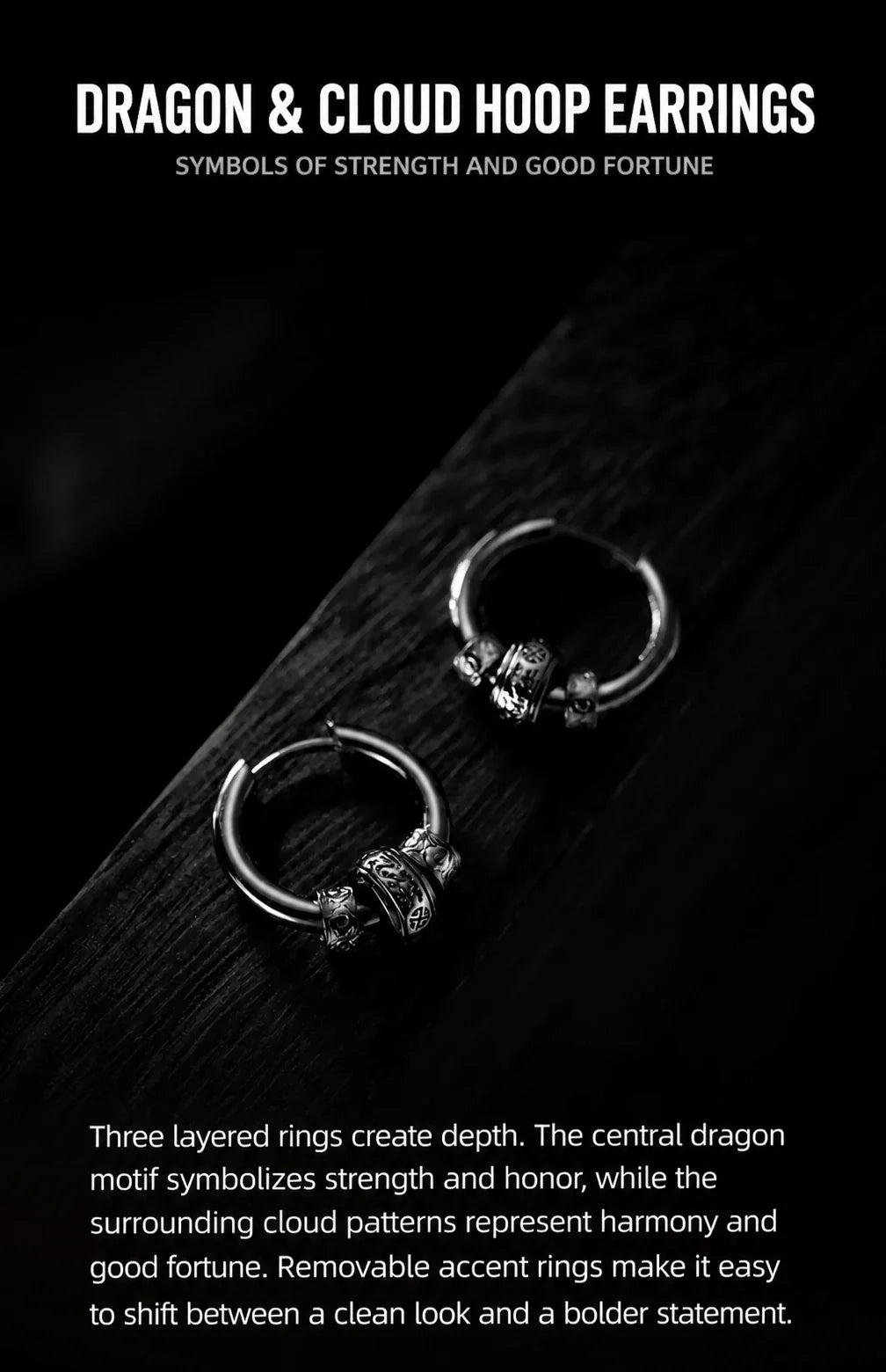 Dragon and cloud hoop earrings feature details