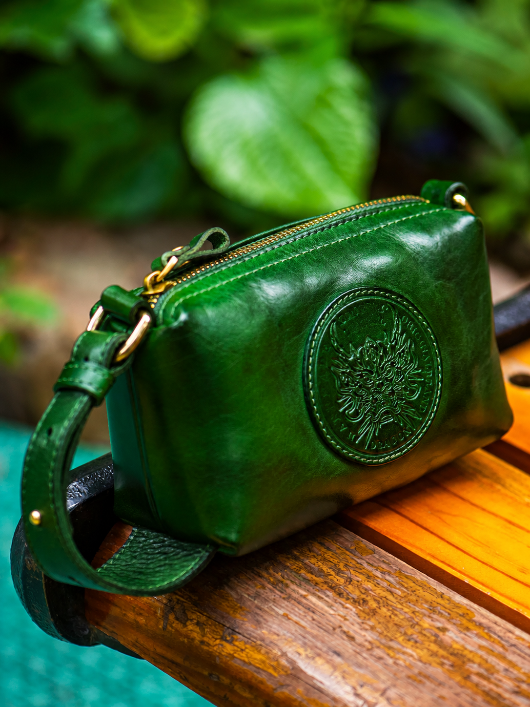 jade green dragon heritage top-grain leather biker clutch wallet