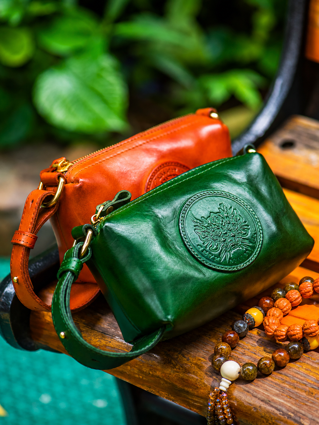 reddish brown and jade green dragon leather biker clutch wallets