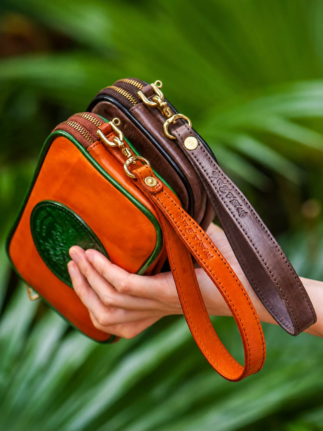 two-color leather biker phone wallet side profile with wrist straps