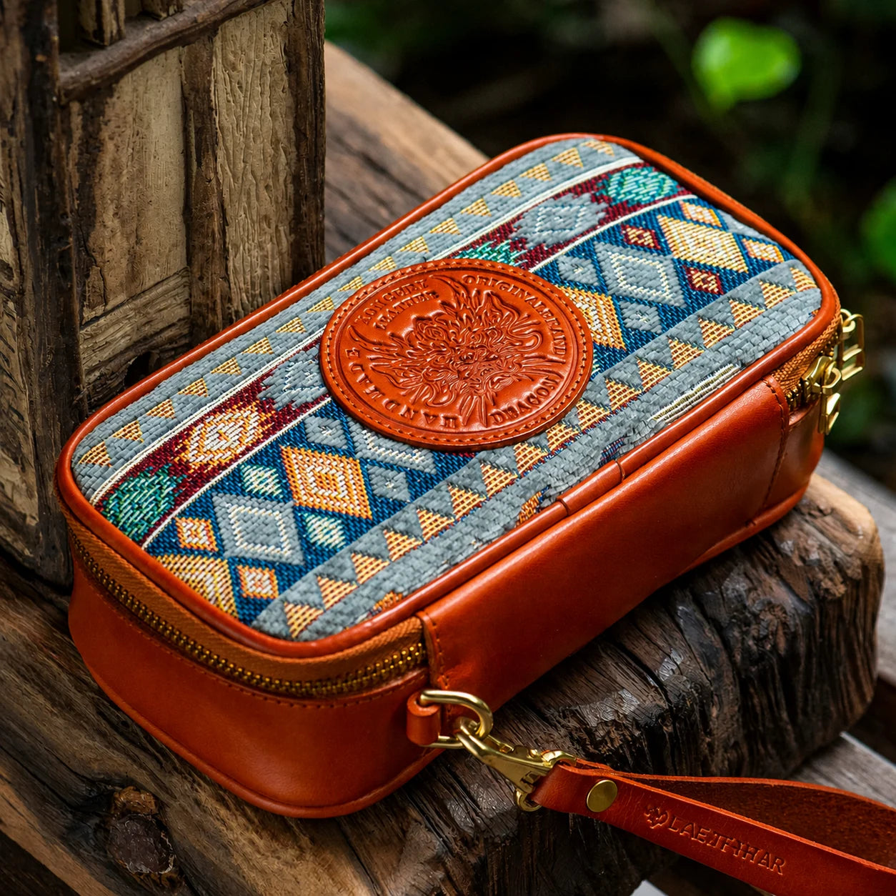 red-brown leather pipe organizer with detachable wrist strap