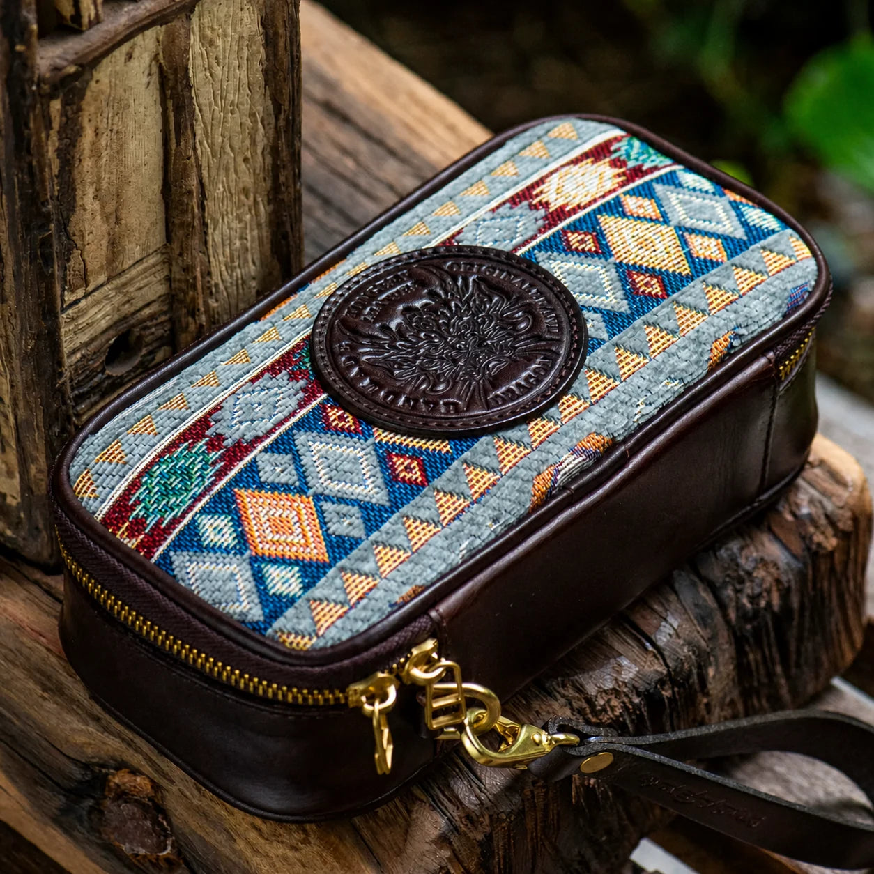 mocha-brown leather pipe organizer with detachable wrist strap