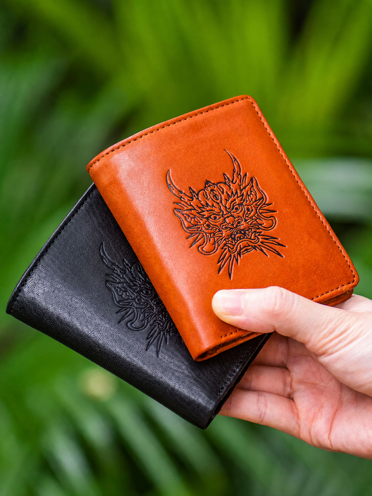 Red Qilin Brown and Xuanwu Black full-grain leather dragon biker bifold wallets