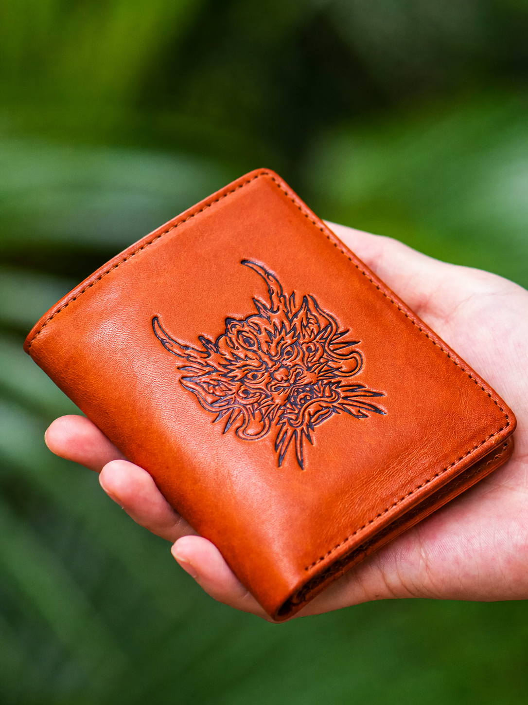 Red Qilin Brown full-grain leather dragon biker bifold wallet