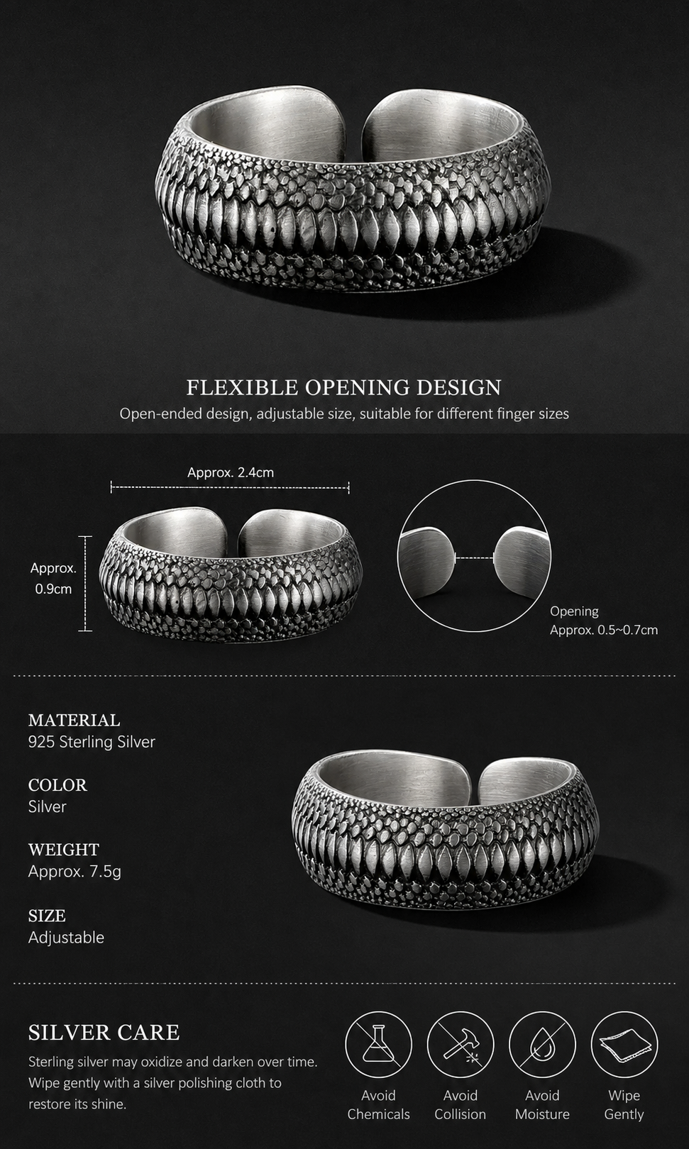 Dragon Scale Band Sterling Silver Biker Ring - English product detail 9