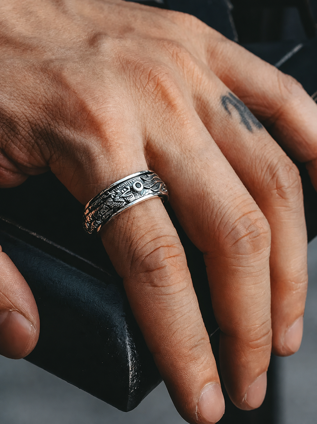 Dragon Spinner Sterling Silver Biker Ring - product view 4