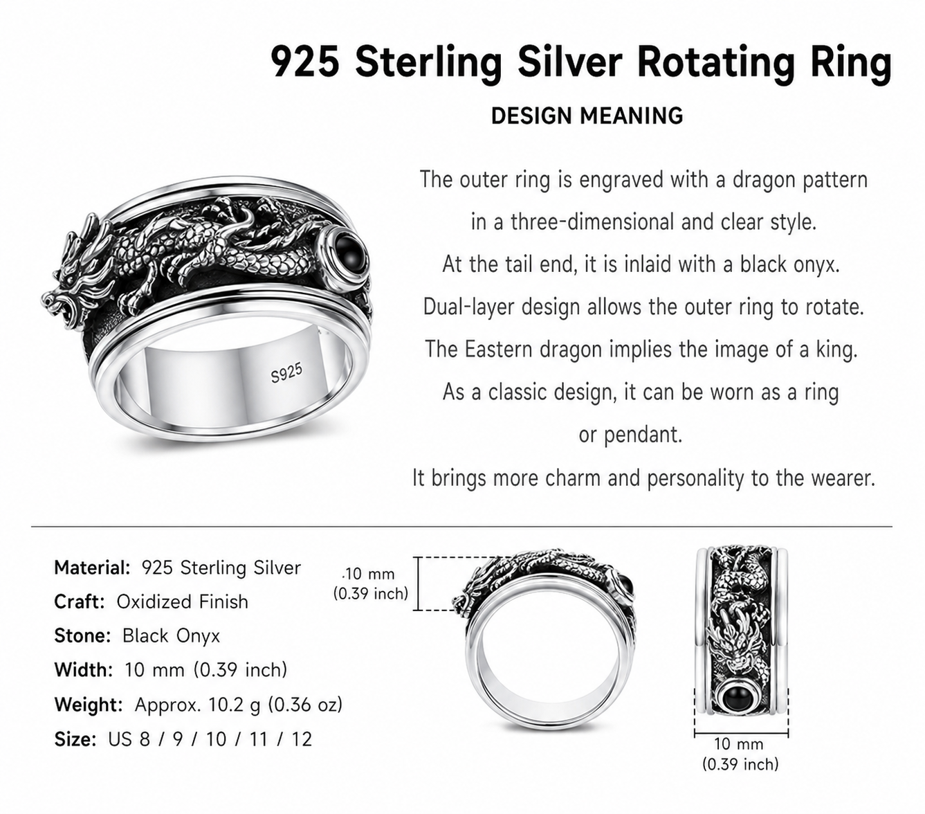 Dragon Spinner Sterling Silver Biker Ring - English product detail 6