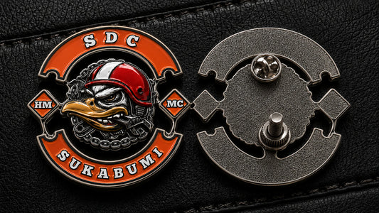 Pin and screw backing for a more secure hold featuring a custom metal motorcycle club badge made with an approved club logo.