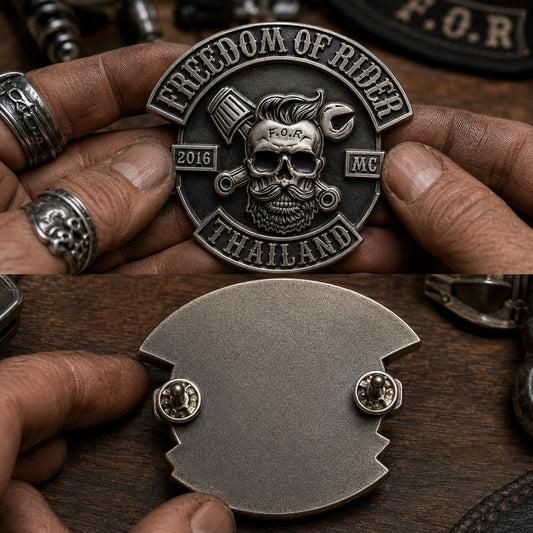 Custom biker vest pin with dual-post attachment