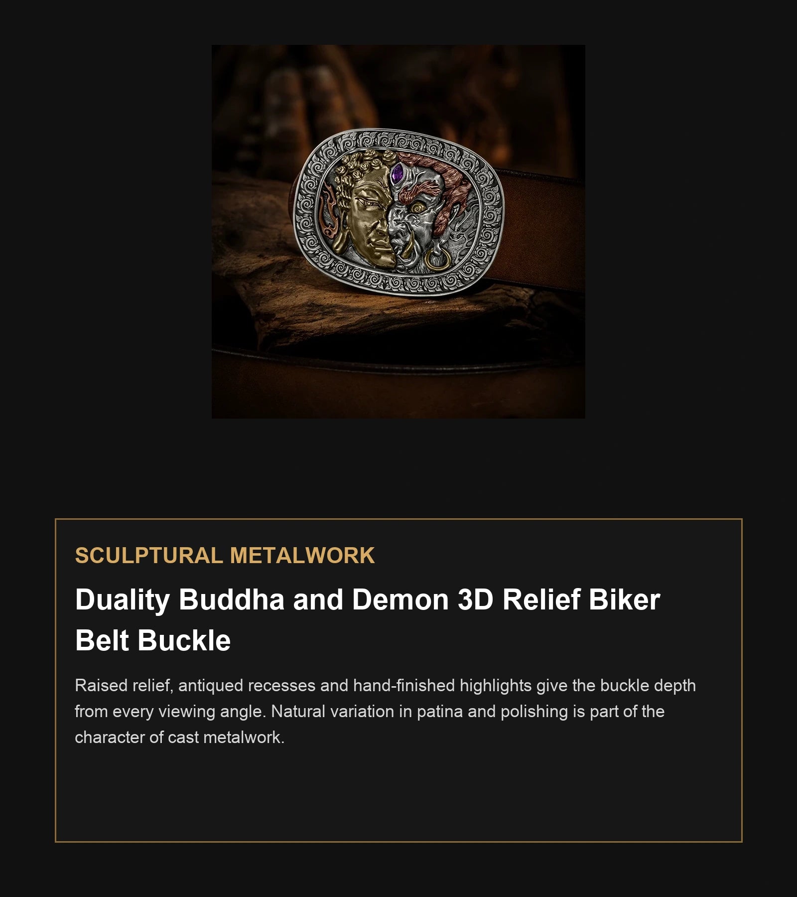 Duality Buddha and Demon 3D Relief Biker Belt Buckle craftsmanship guide in English