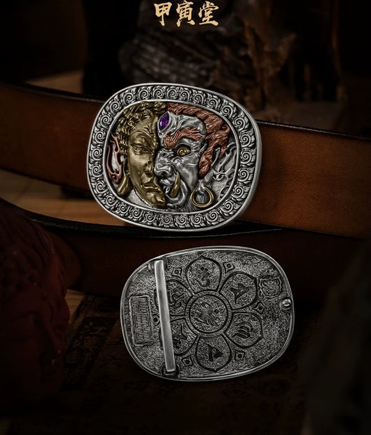 Duality Buddha and Demon 3D Relief Biker Belt Buckle detail view 1