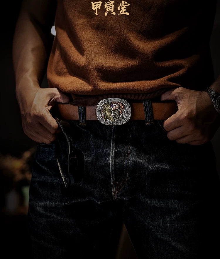 Duality Buddha and Demon 3D Relief Biker Belt Buckle detail view 3