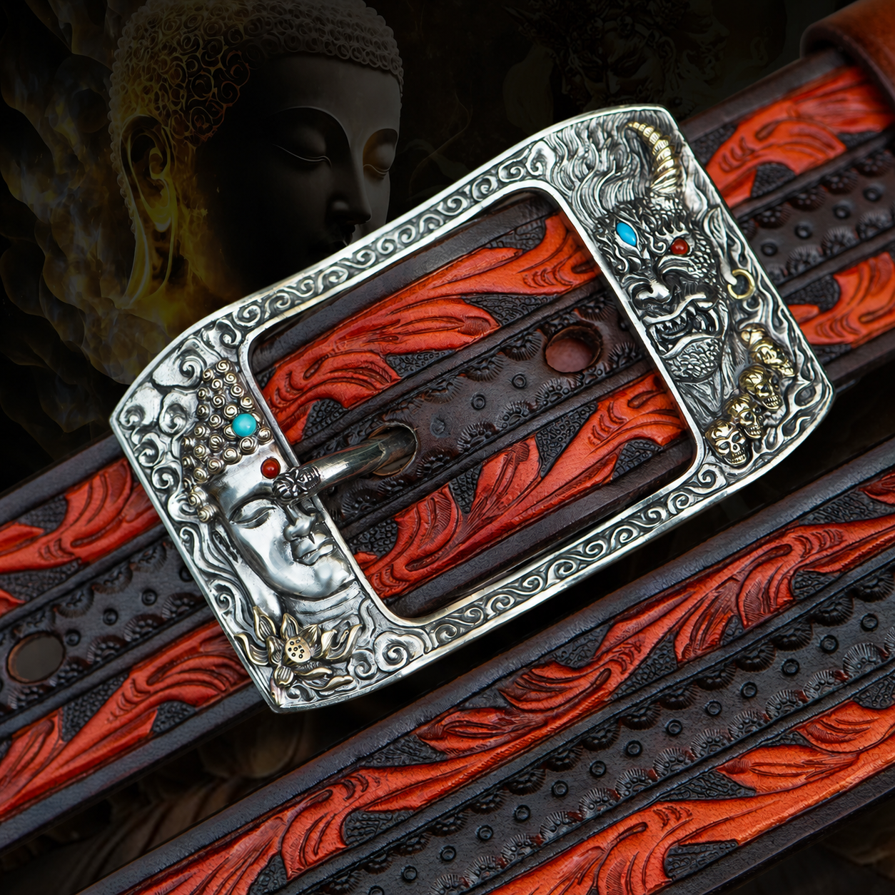 Duality Tooled Leather Biker Belt with White Copper or Sterling Silver Buckle – Arabesque sterling silver product view