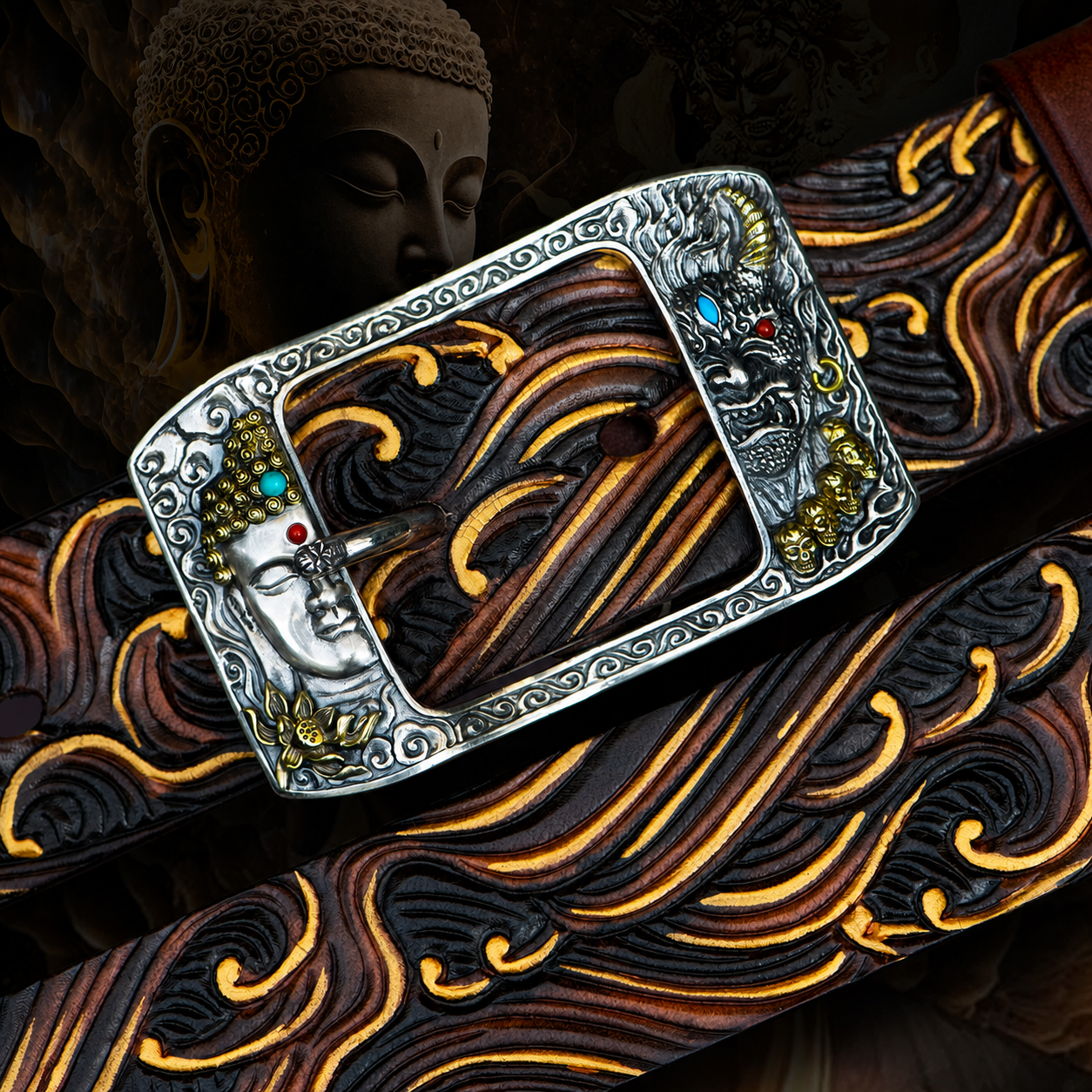 Duality Tooled Leather Biker Belt with White Copper or Sterling Silver Buckle – Wave white copper product view