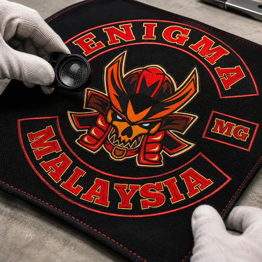 A quality inspector examines dense fabric, clean stitching and crisp emblem edges on a custom diamond club flag.