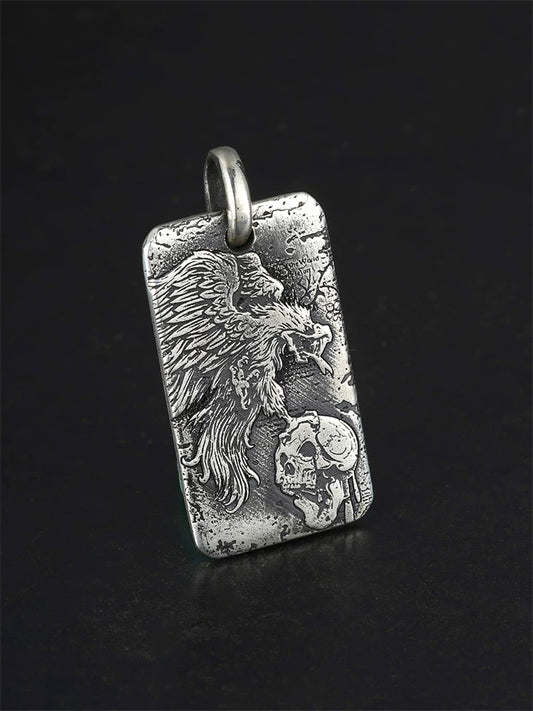 Eagle and skull sterling silver biker dog tag pendant