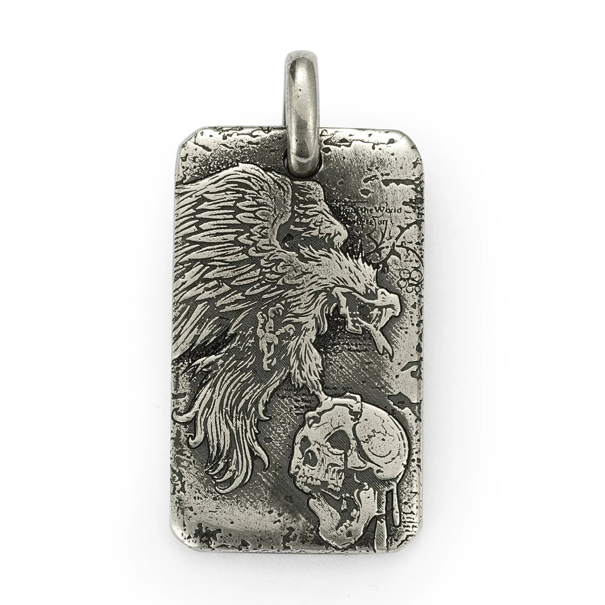 Eagle and skull sterling silver dog tag pendant front view