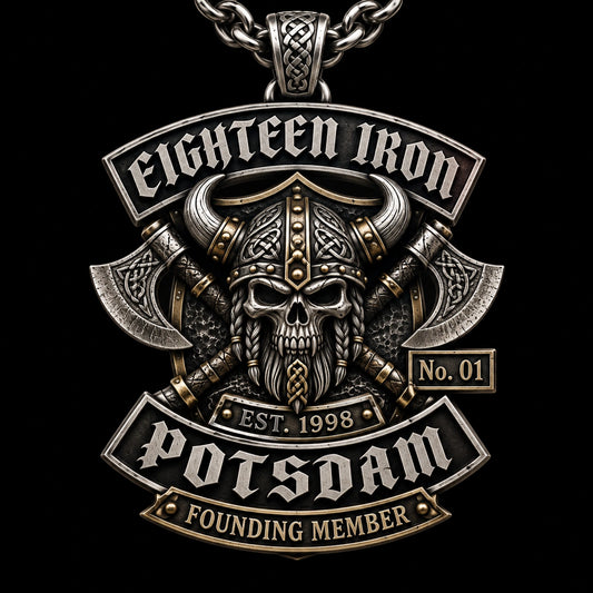 One Eighteen Iron motorcycle club founding member pendant marked Founding Member, Est. 1998 and number one.