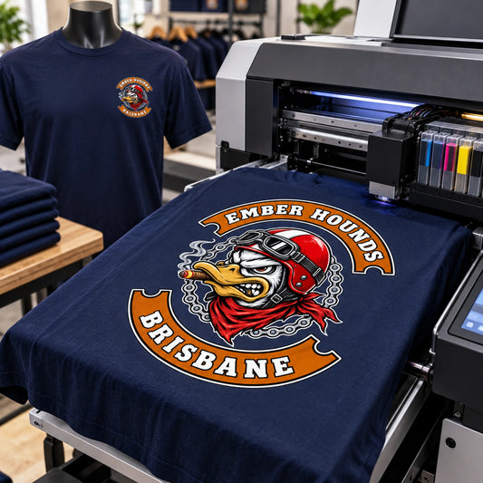 Vibrant Ember Hounds full-color back artwork printed with a direct-to-garment printer.