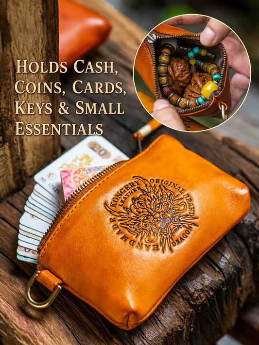 Embossed dragon top-grain leather biker organizer pouch view 1