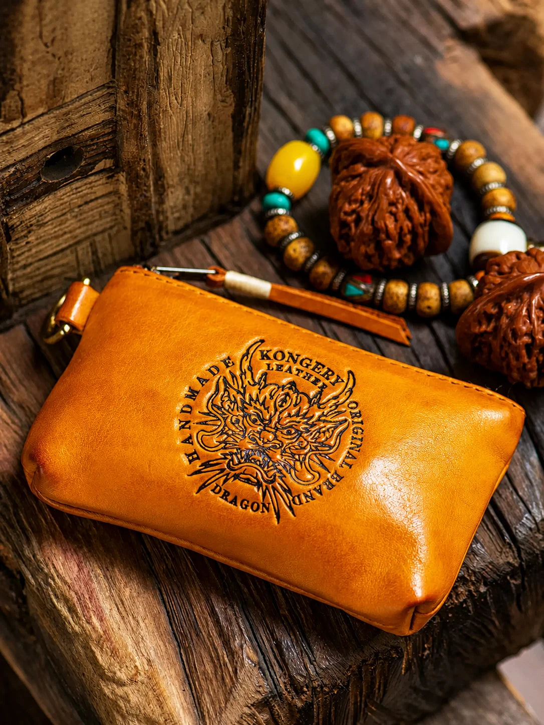 Embossed dragon top-grain leather biker organizer pouch view 2