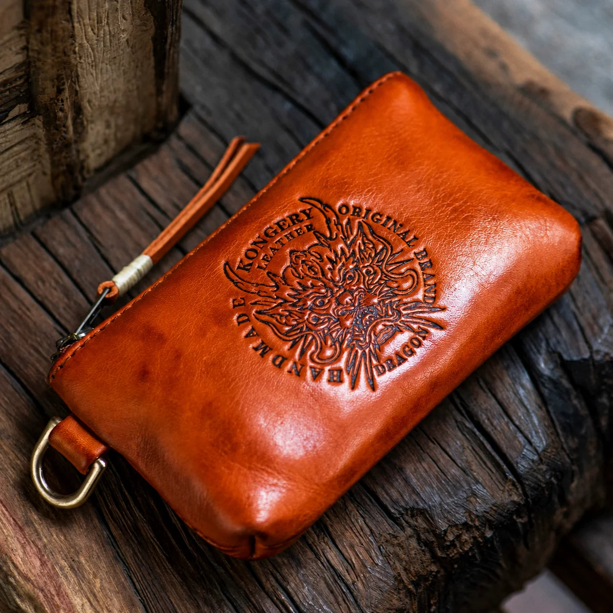 Embossed dragon top-grain leather biker organizer pouch view 7