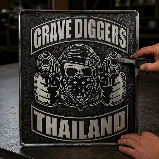 Embossed motorcycle club metal sign with raised club artwork and recessed background details.