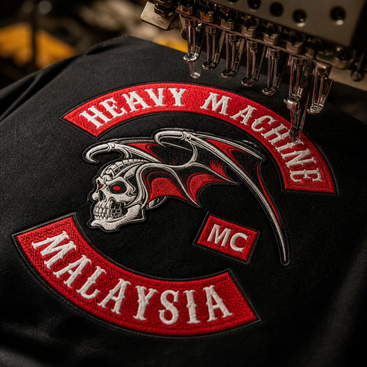 embroidered motorcycle club hoodie detail